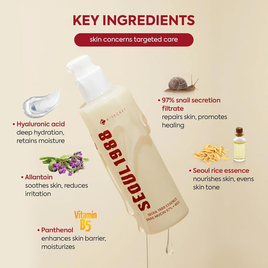 SEOUL 1988 Essence: Snail Mucin 97% + Rice-K-SECRET-Noura Skincare
