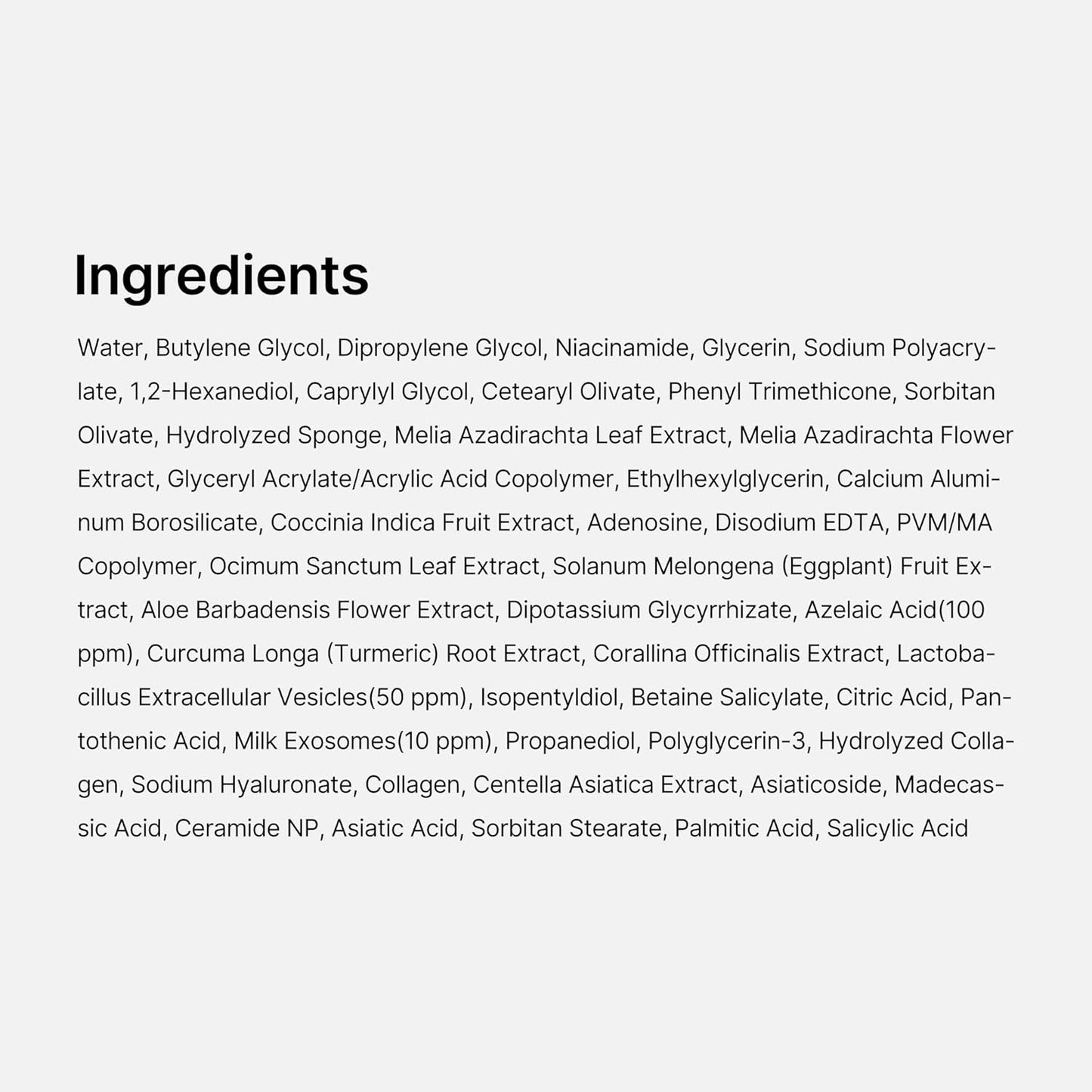 List of Medicube ingredients on a white background
