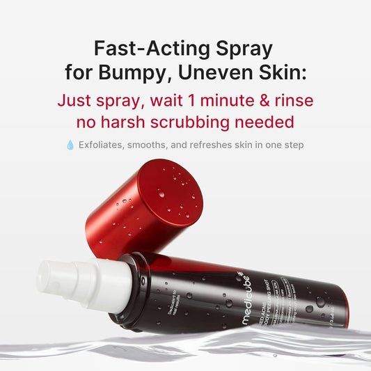 Red and black skincare spray bottle with text about fast-acting spray for bumpy, uneven skin on a white background.