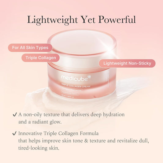 Jar of Medicube Triple Collagen Cream on a pink background with text highlighting features.