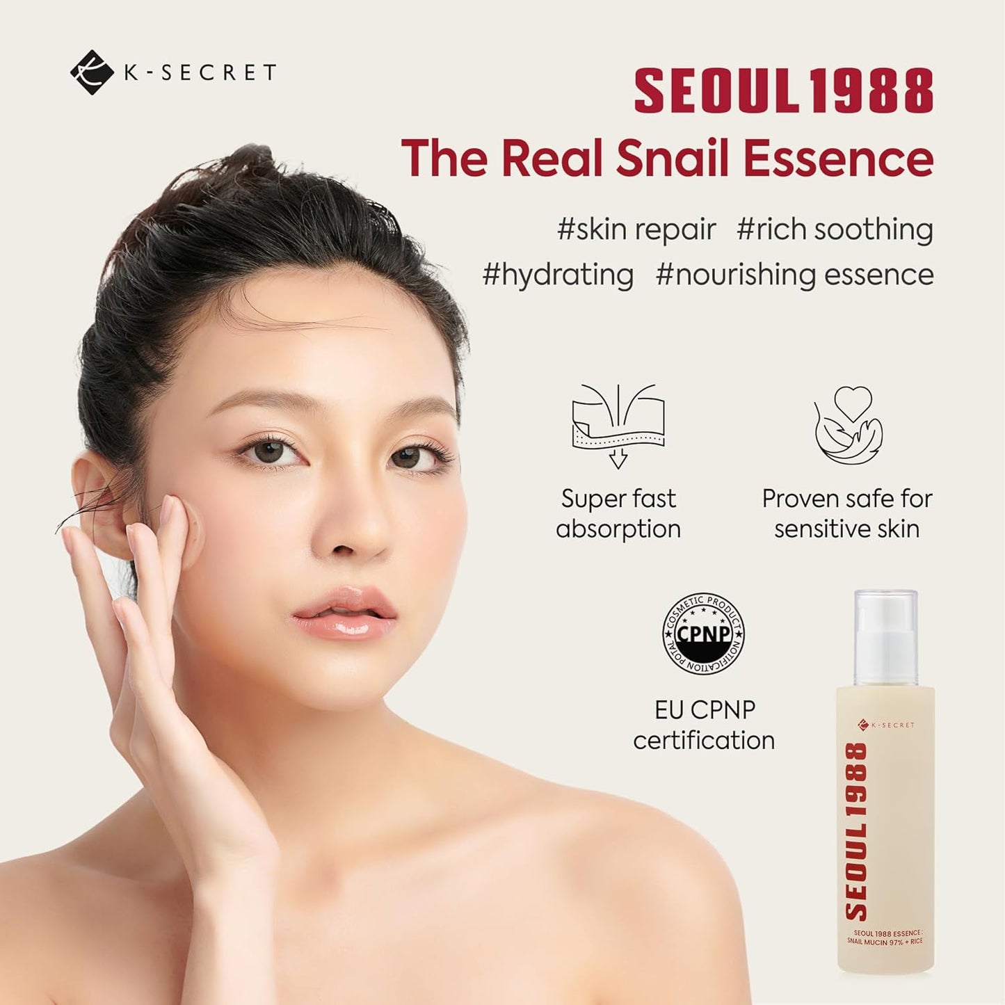 SEOUL 1988 Essence: Snail Mucin 97% + Rice-K-SECRET-Noura Skincare