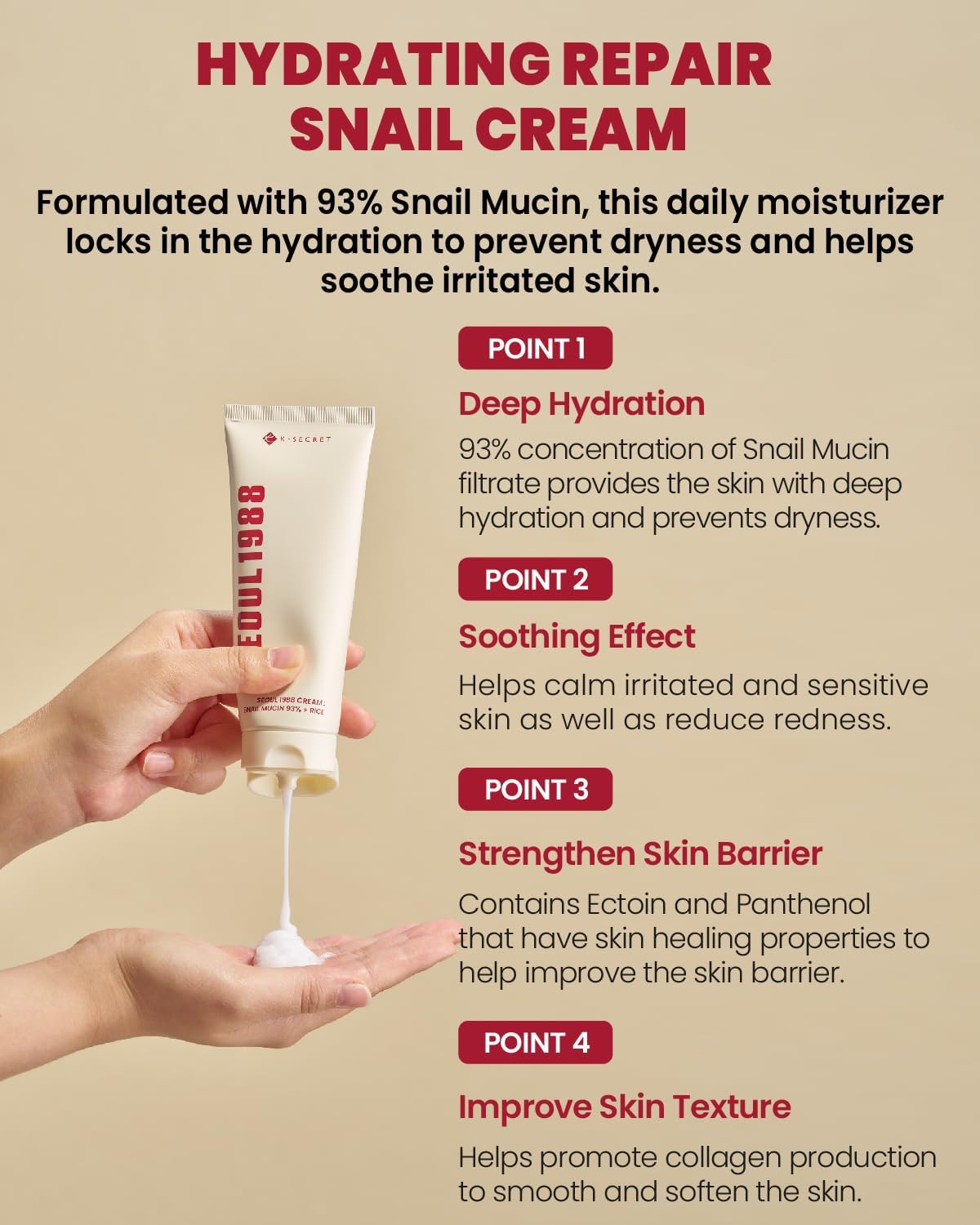 SEOUL 1988 Cream: Snail Mucin 93% + Rice - 100ml-K-SECRET-Noura Skincare
