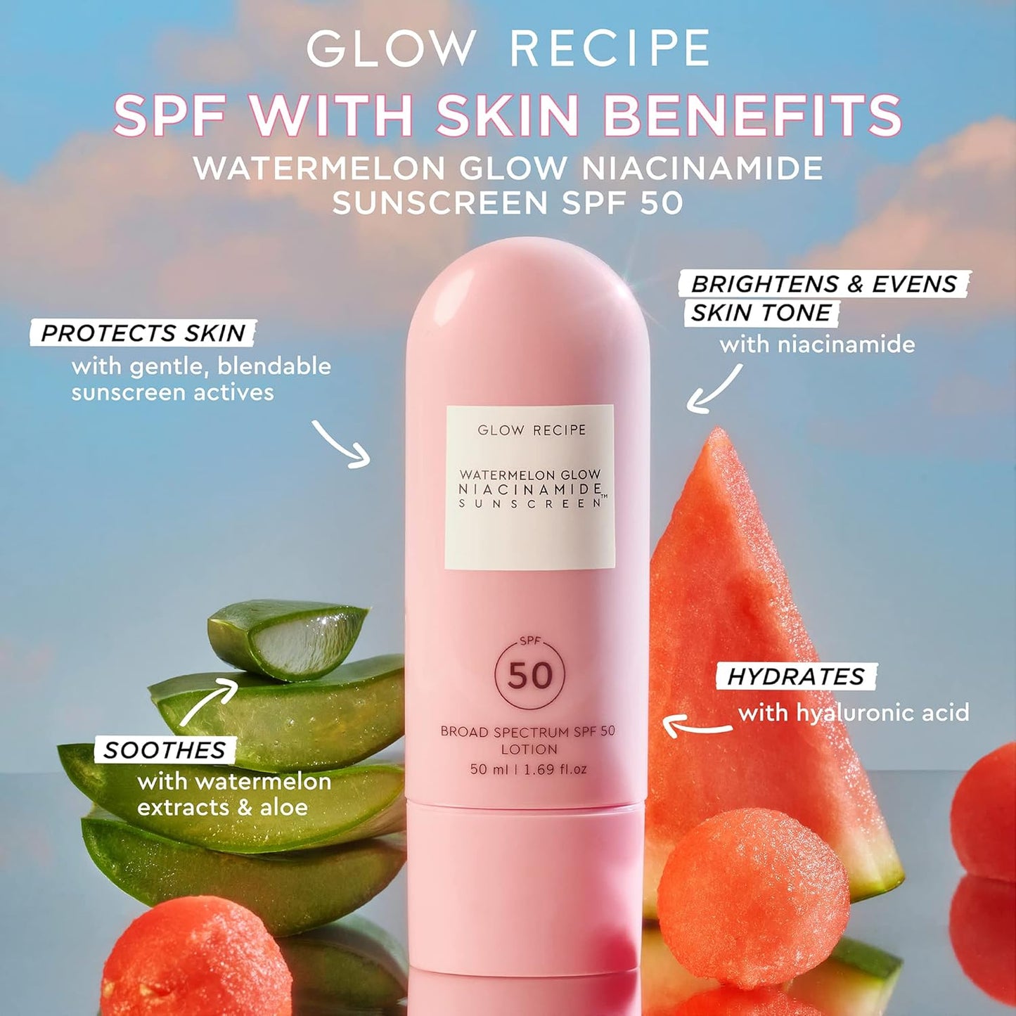 Watermelon Glow Niacinamide Sunscreen SPF 50 - 50ml-Glow Recipe-Noura Skincare