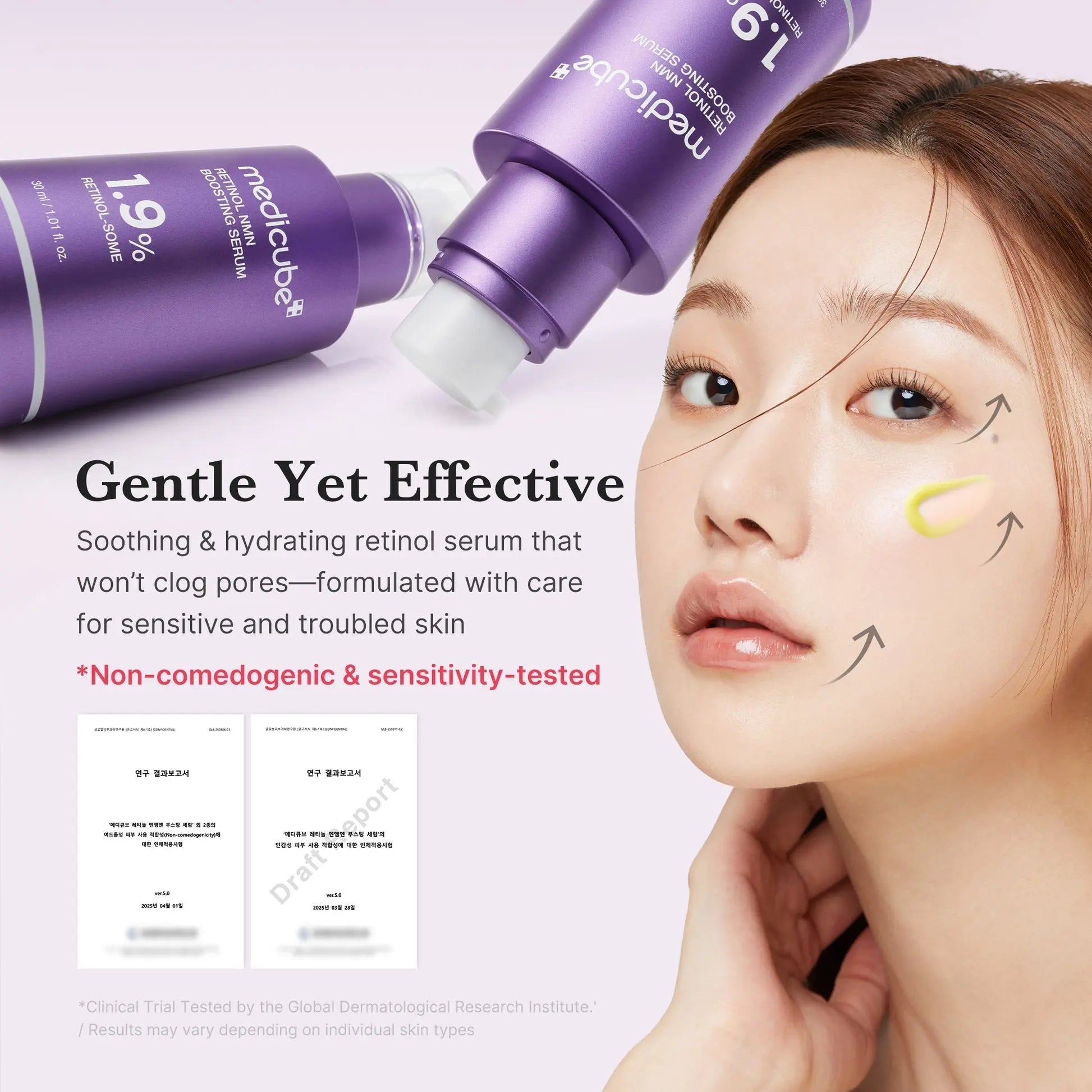 Medicube retinol serum bottle with a woman's face showing skin care lines on a light background