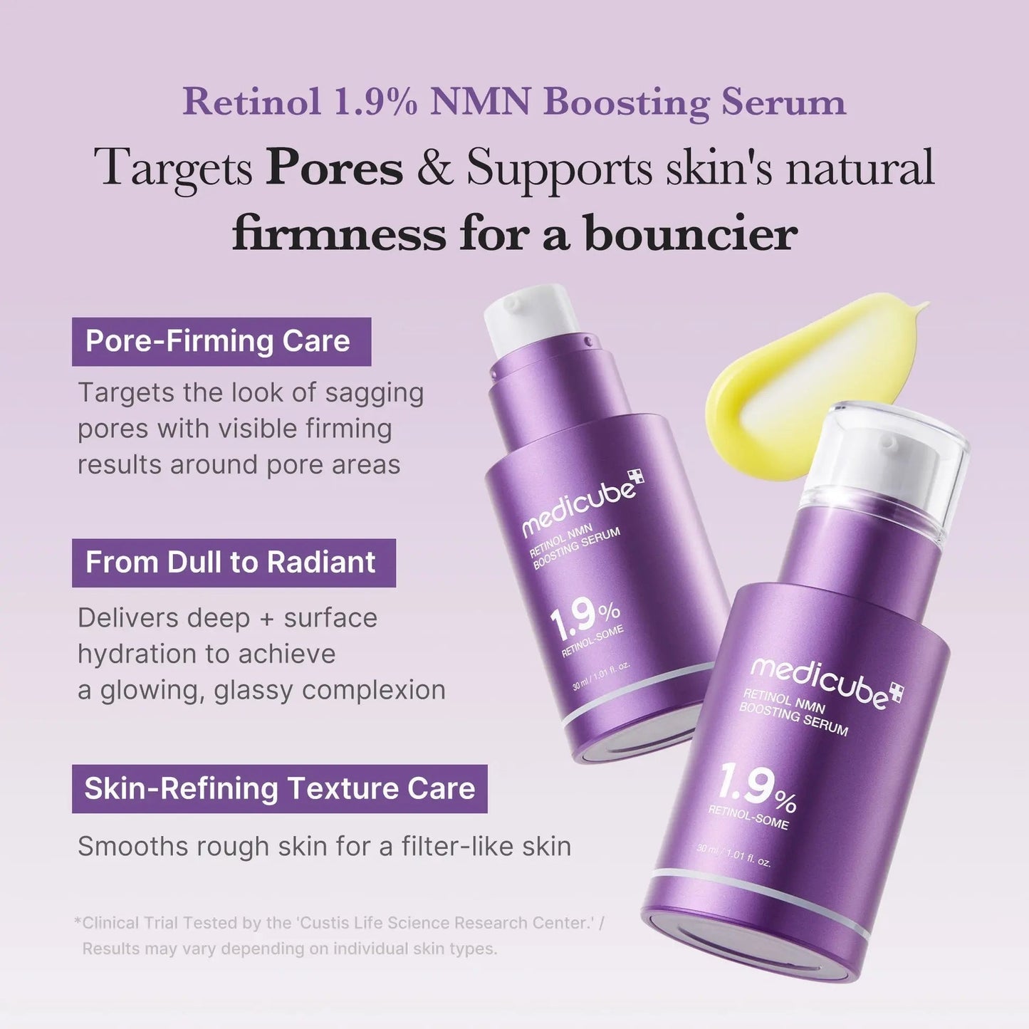Two purple skincare bottles with text on a light purple background