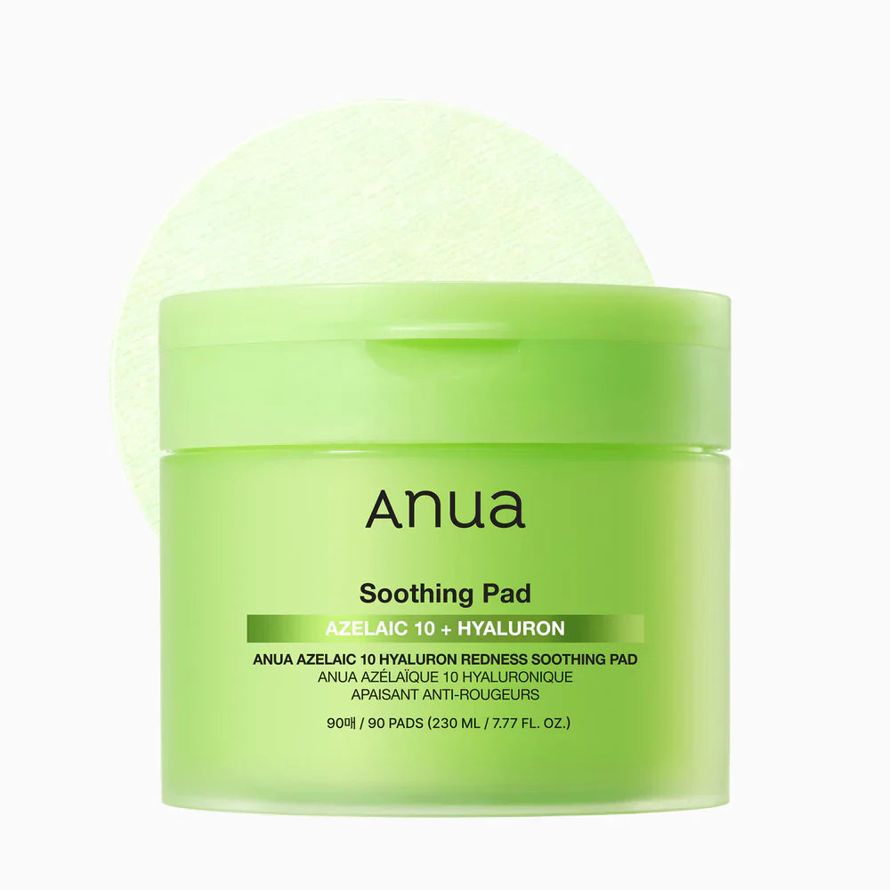 Green jar of Anua soothing pad with a green glow on a white background