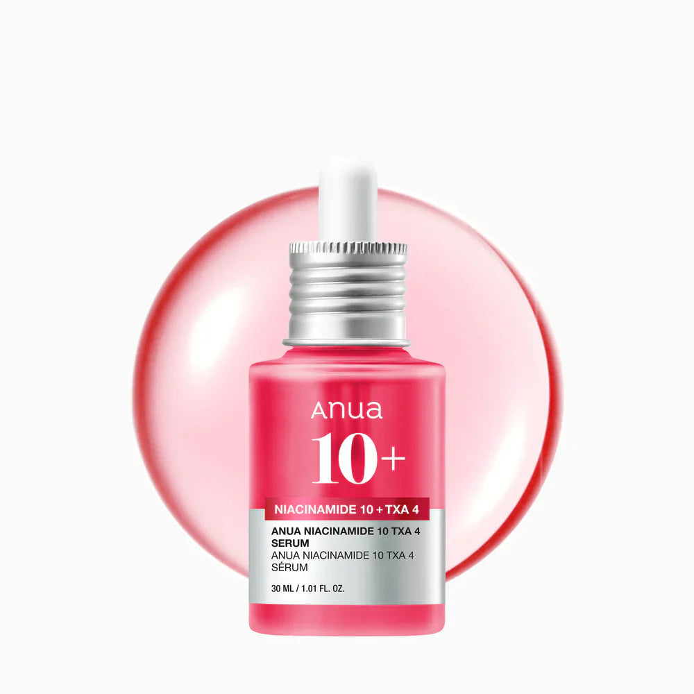 Anua skincare serum bottle with dropper on a white background