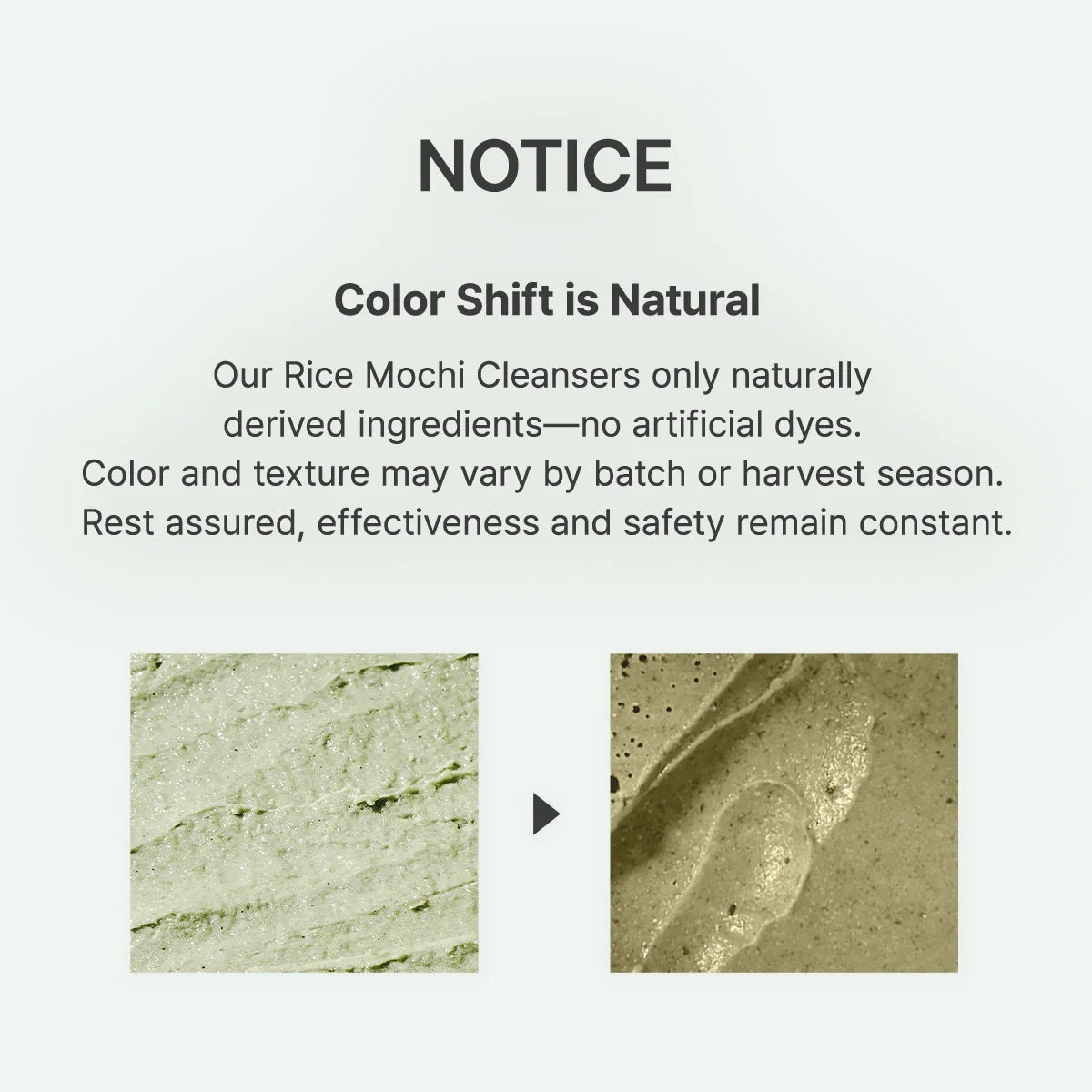 Notice about color shift in Rice Mochi Cleaners with two texture samples.
