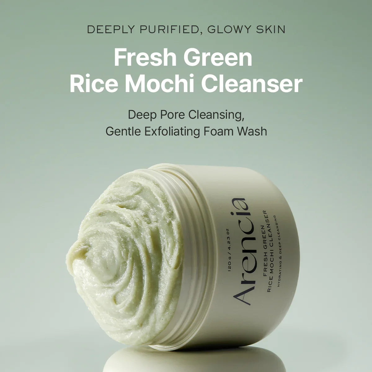 Jar of Arencia Fresh Green Rice Mochi Cleanser with text on a light green background