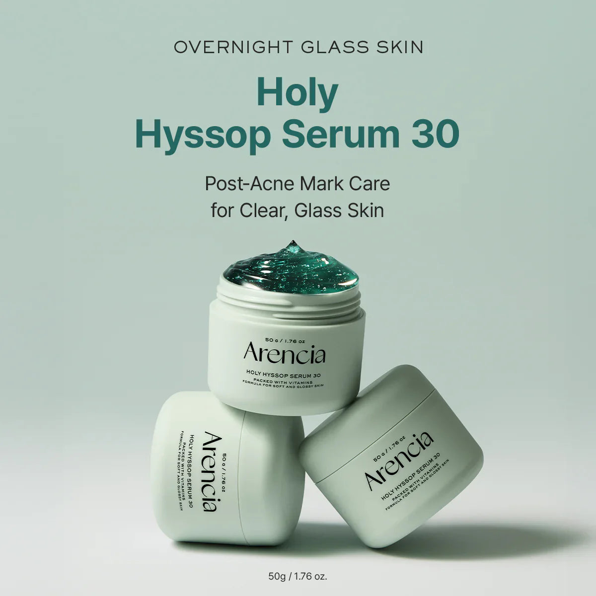 Three jars of Arenicia Holy Hyssop Serum 30 on a light gray background