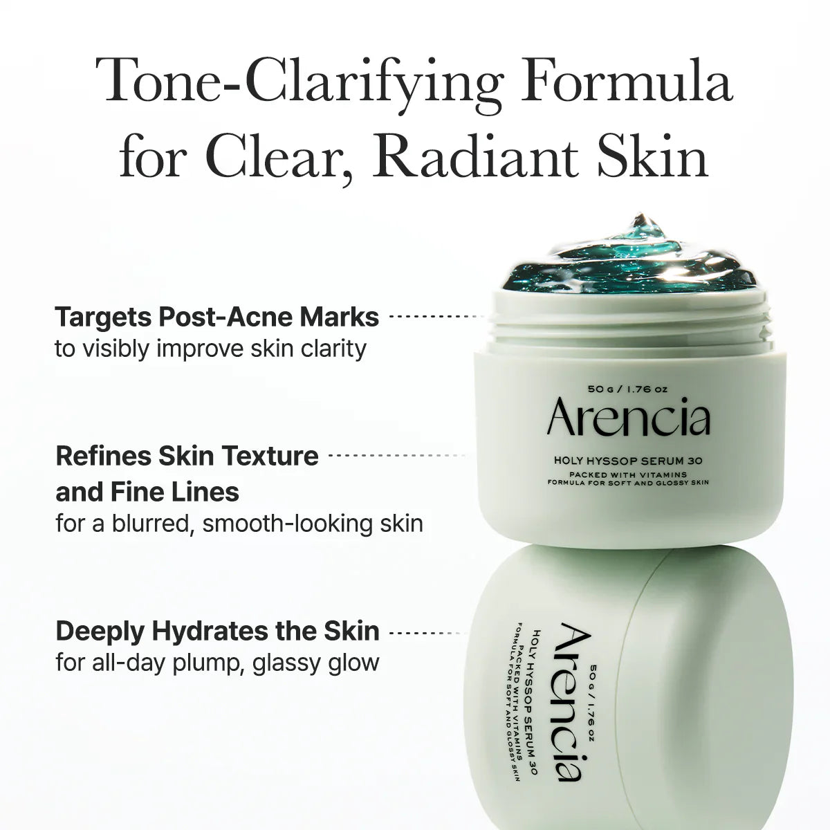 Arencia serum jar with text highlighting its benefits on a white background