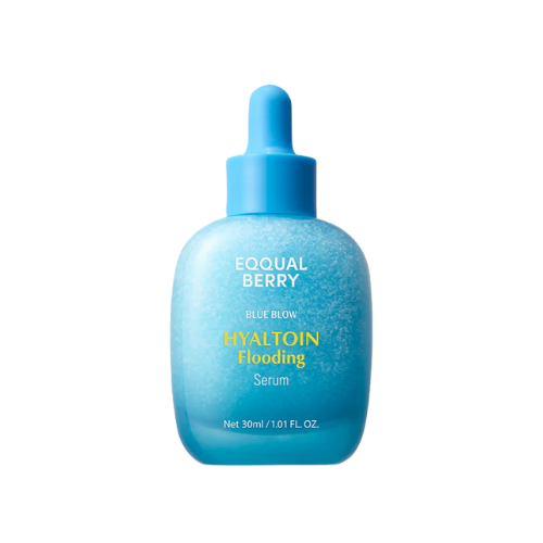 EQQUALBERRY Hyaltoin Flooding Serum bottle with dropper on white background.