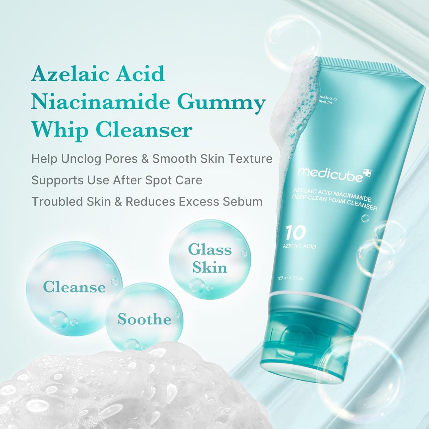 Medicube Azelaic Acid Niacinamide Gummy Whip Cleanser with product and benefits text on a light blue background