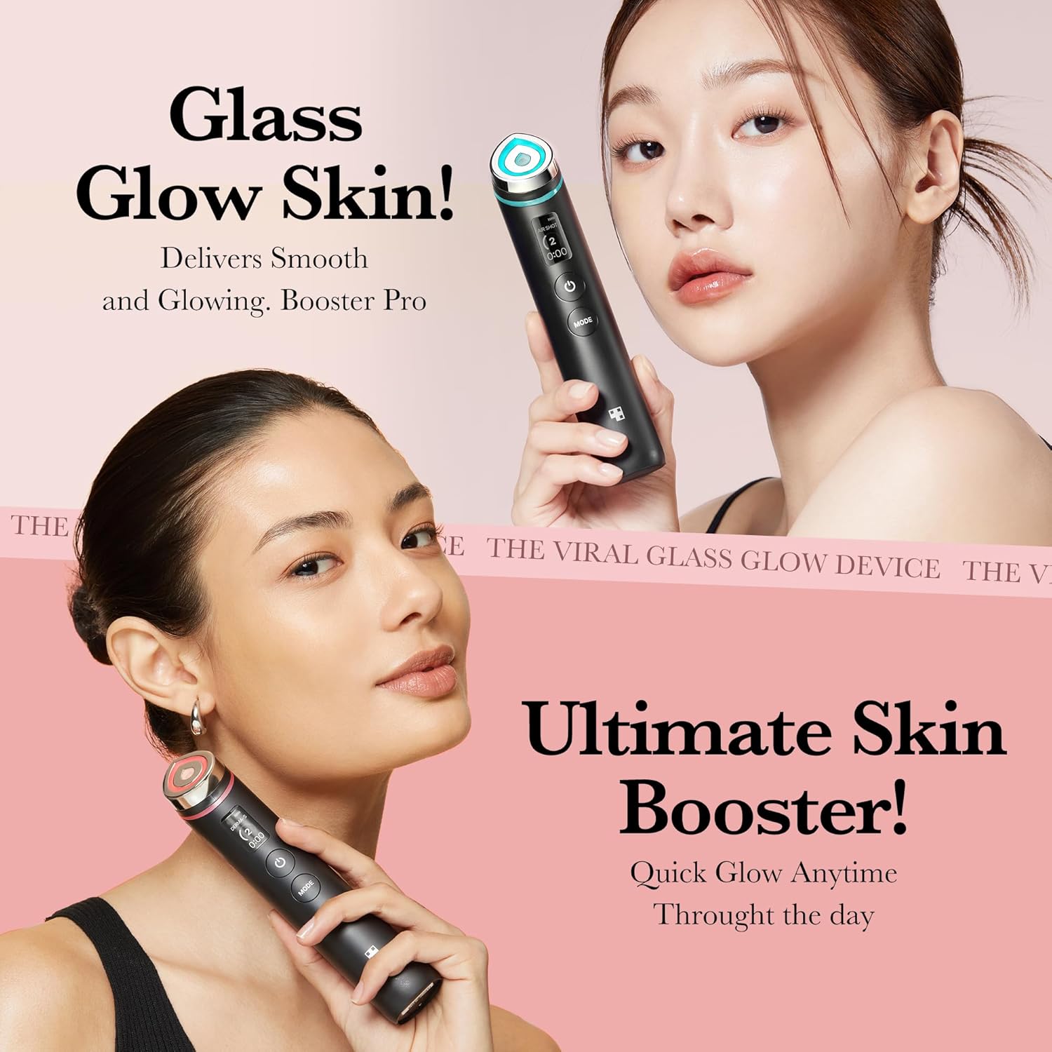 Two women holding a medicube skin care device with promotional text on a pink background
