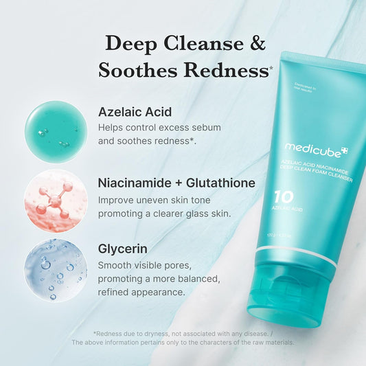 Medicube skincare product with text on a light blue background