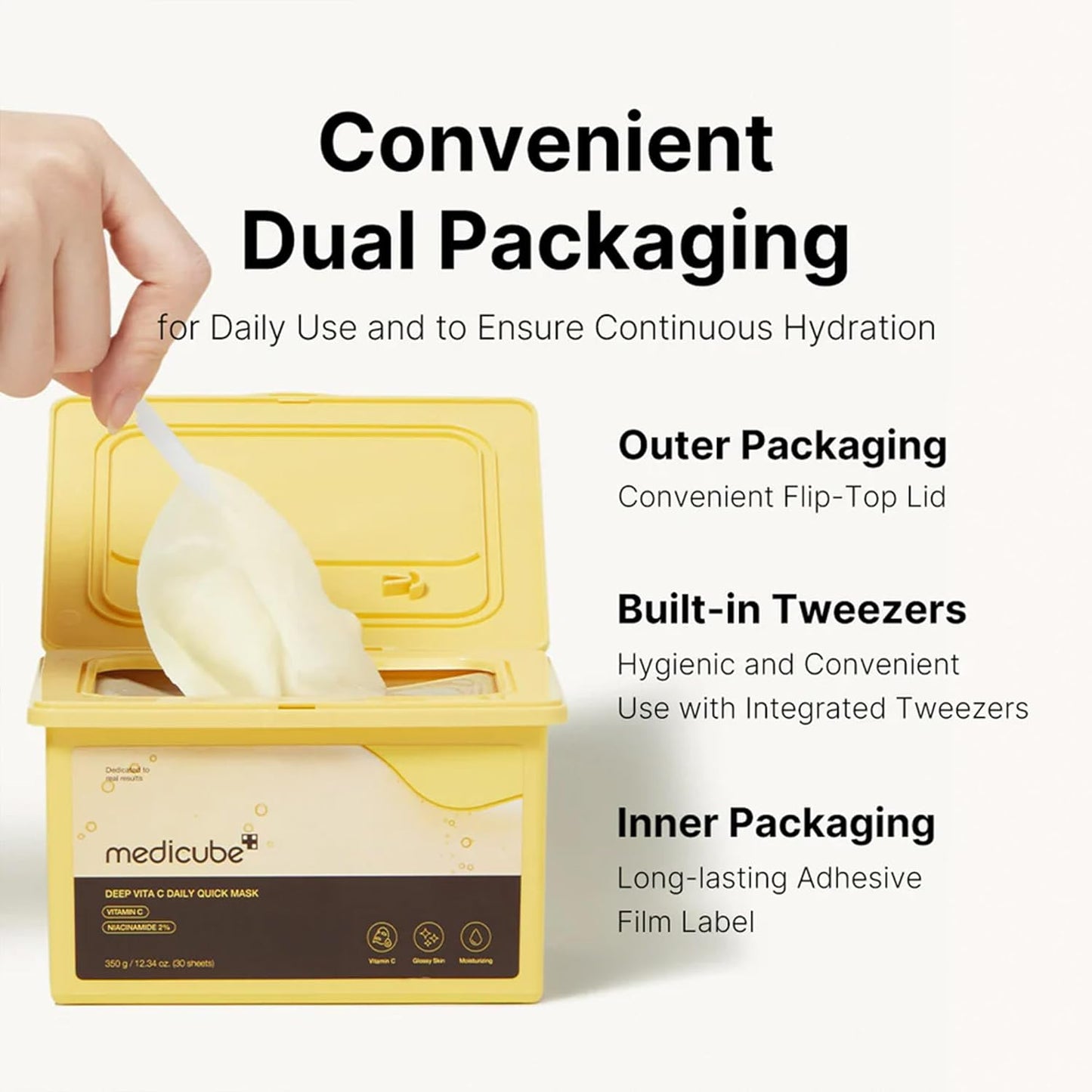 Yellow packaging with flip-top lid and tweezers, featuring Medicube brand.