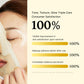 Product packaging with a woman applying a face mask, showing consumer satisfaction statistics on a beige background.