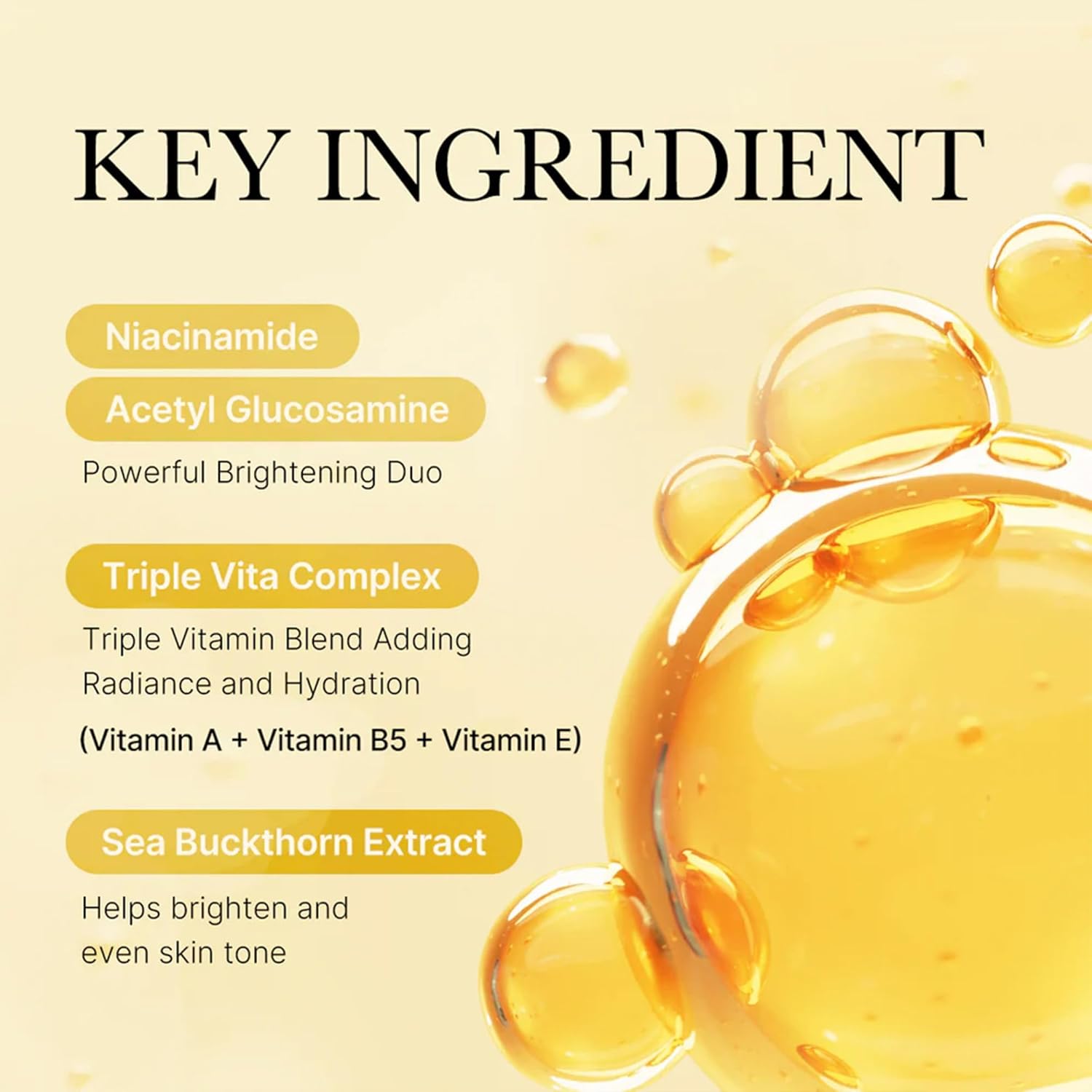 Product ingredients list with a yellow background and oil droplets.