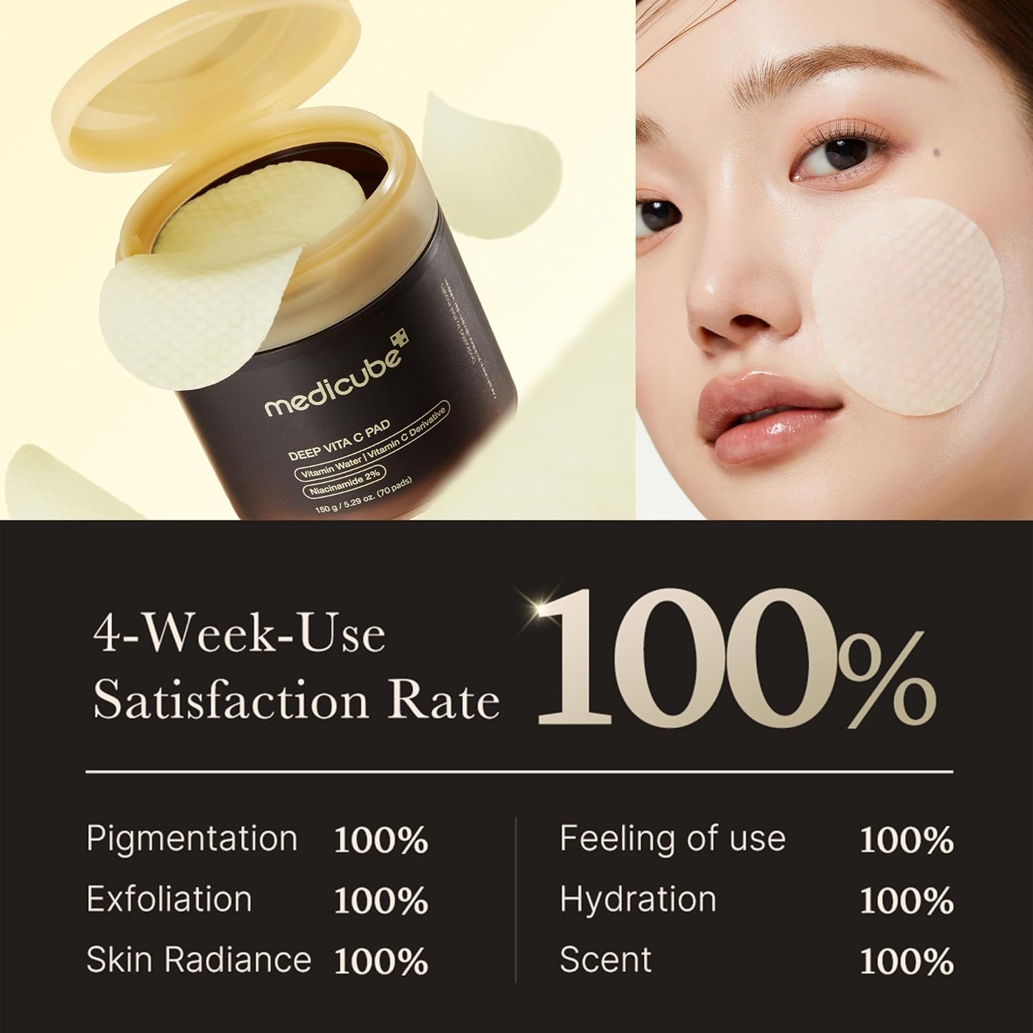 Medicube deep vita c pad with a woman's face wearing patches, showing 4-week use satisfaction rate on a beige background.