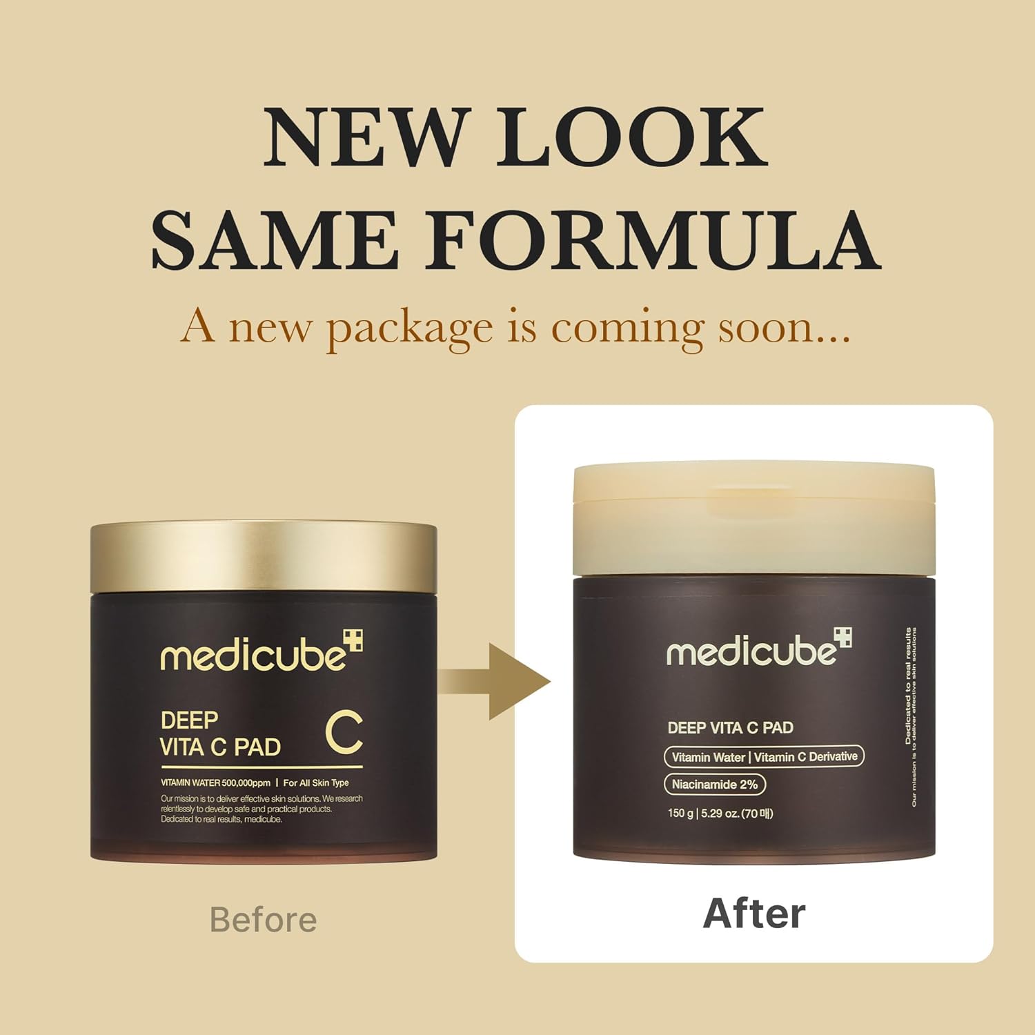 Comparison of Medicube Deep Vita C Pad packaging before and after a new design release.