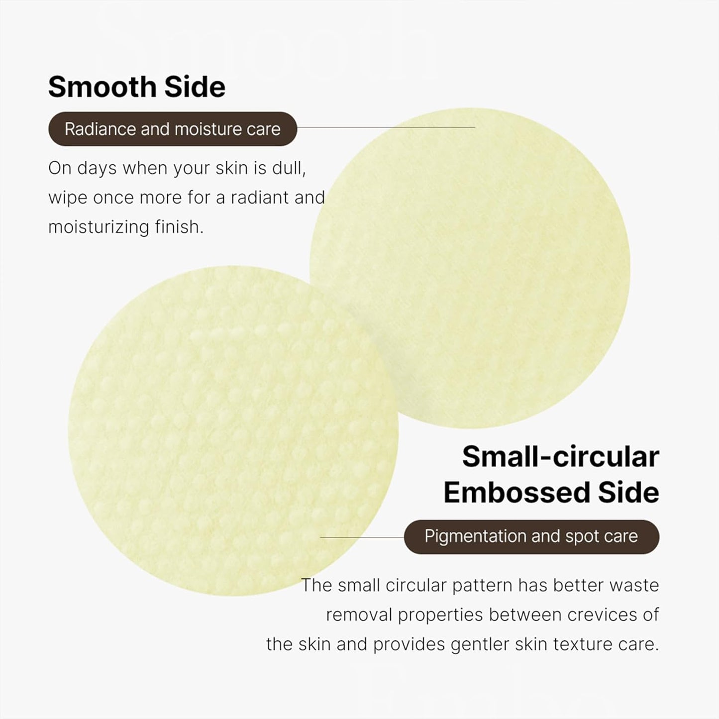 Two circular pads with text describing their uses on a white background