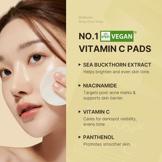 Woman applying a vitamin C pad with product details on a beige background