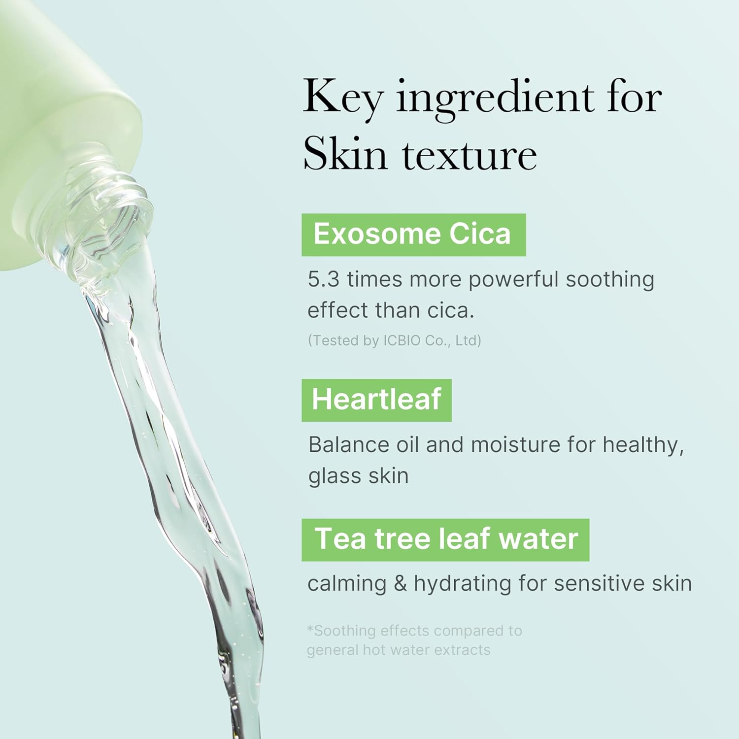 Product dropper with text about exosome cica, heartleaf, and tea tree leaf water on a light blue background