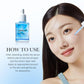 Woman applying medicube skincare product with Medicube serum bottle on a white background