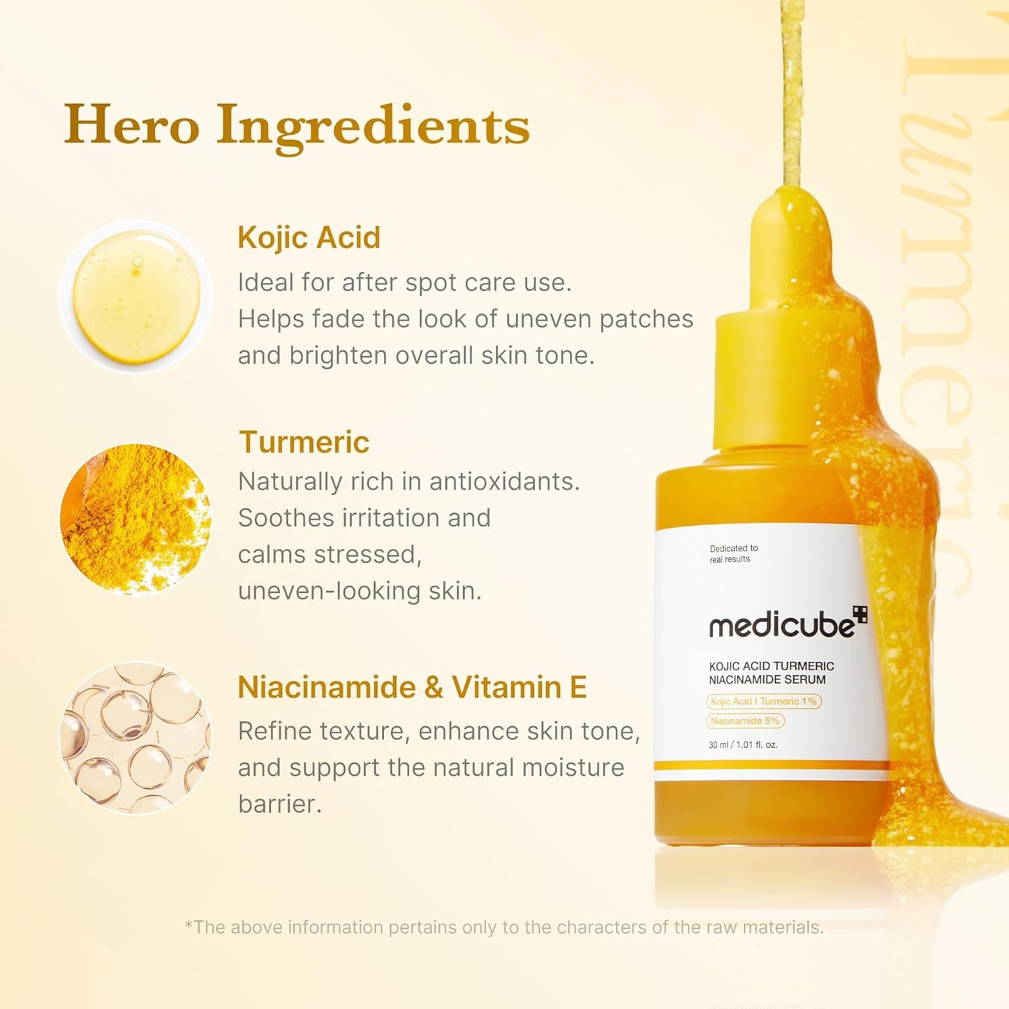 Medicube serum bottle with hero ingredients text on a yellow background