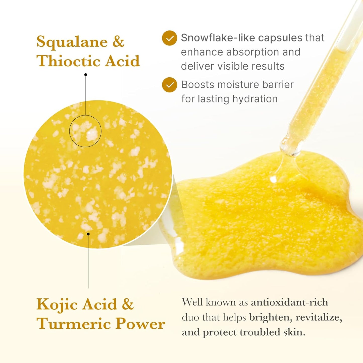 Yellow substance with text about Squalane, Thioctic Acid, Kojic Acid, and Turmeric Power on a white background.