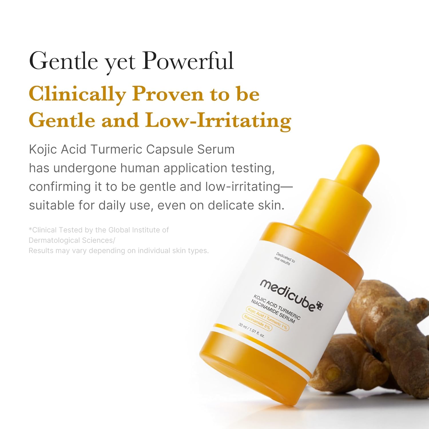 Medicube Kojic Acid Turmeric Capsule Serum bottle with turmeric root on a white background