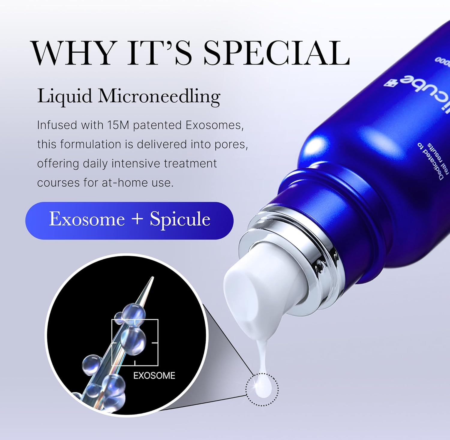 Medicube skincare serum bottle with exosome and spicule illustration on a light gray background by Nouraskincare