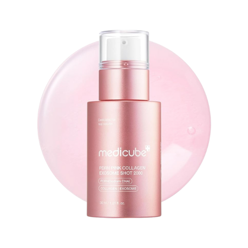 Pink skincare serum bottle with 'medicube' branding on a white background