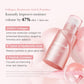 Pink skincare bottle with text about collagen, hyaluronic acid, and peptides on a light pink background