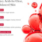Red liquid droplets with text on key acids for clear, balanced skin.