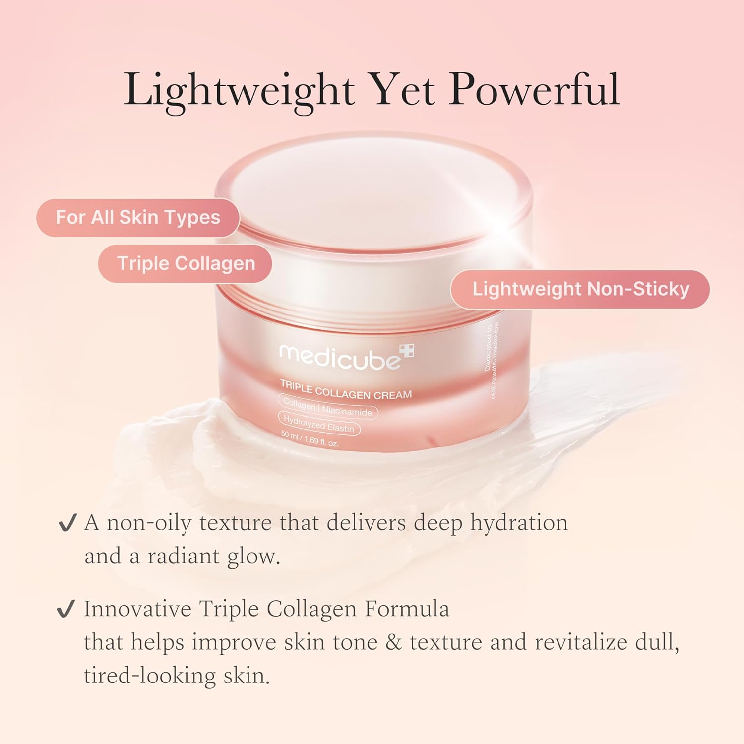 Jar of Medicube Triple Collagen Cream on a pink background with text highlighting features.
