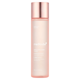Skincare bottle with rose gold cap and pink body on a white background