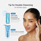 Product advertisement for double cleansing routine with a woman's face and skincare products by nouraskincare dubai.