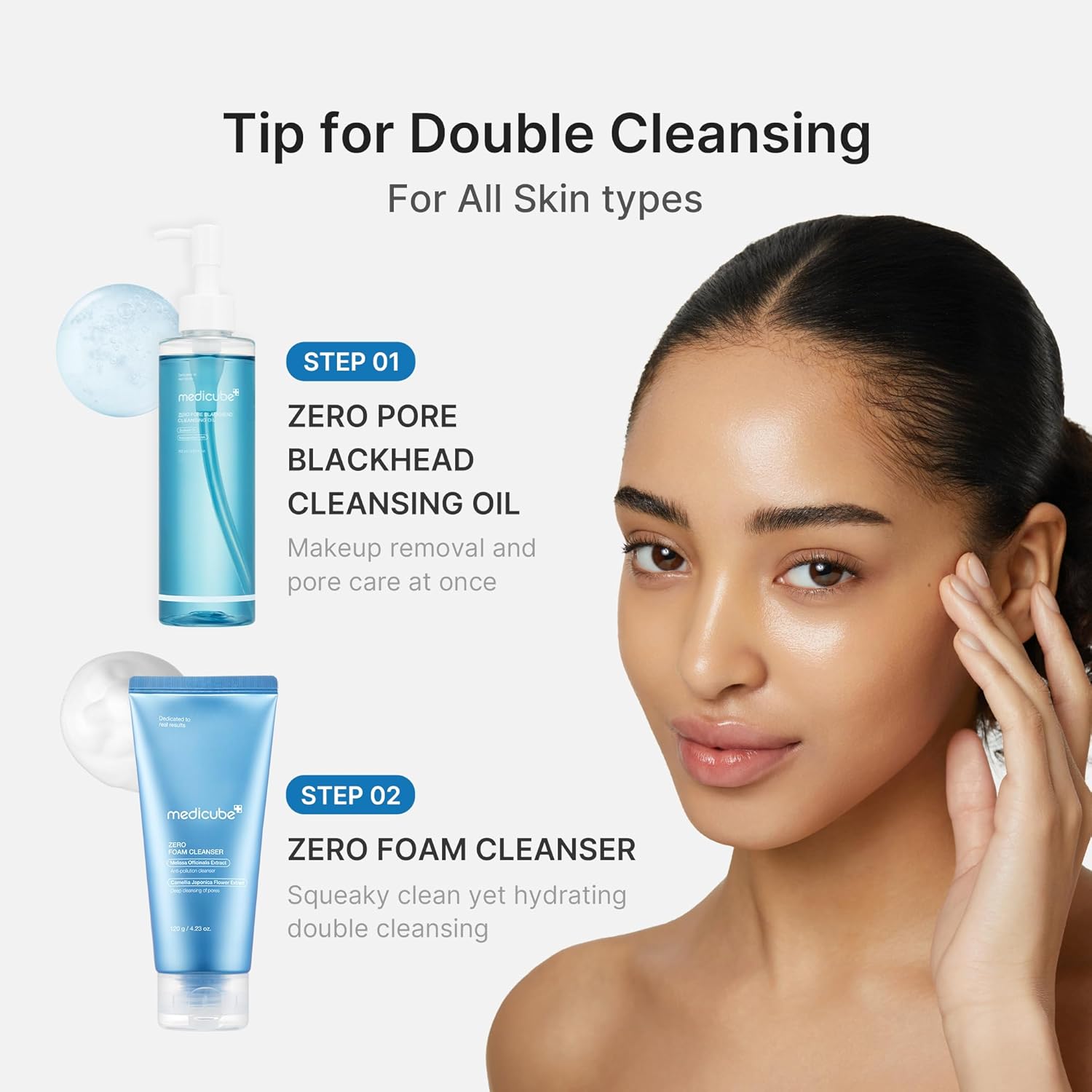 Product advertisement for double cleansing routine with a woman's face and skincare products by nouraskincare dubai.