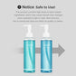 Two blue bottles with pump dispensers on a gray background, featuring text about product safety and color changes.