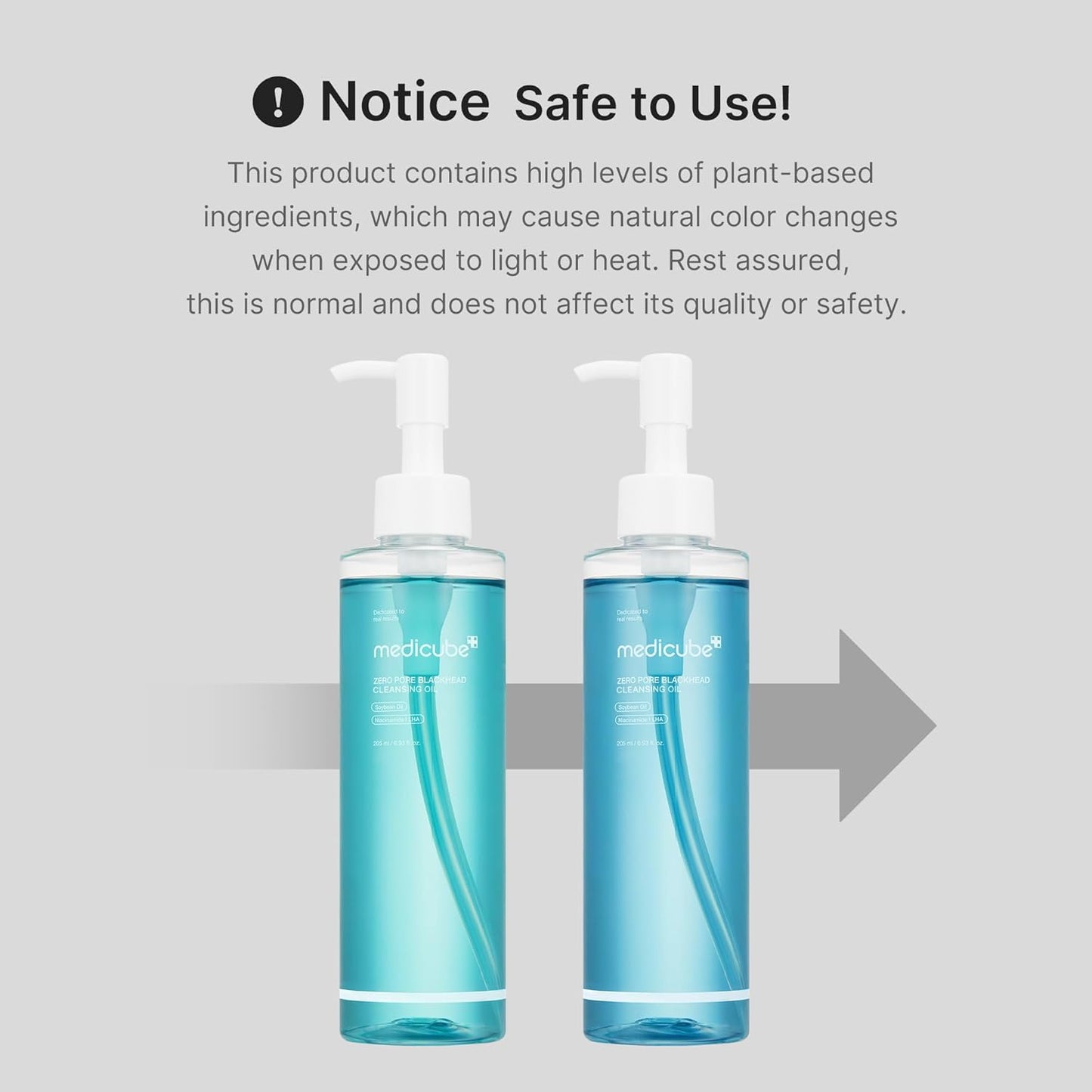 Two blue bottles with pump dispensers on a gray background, featuring text about product safety and color changes.