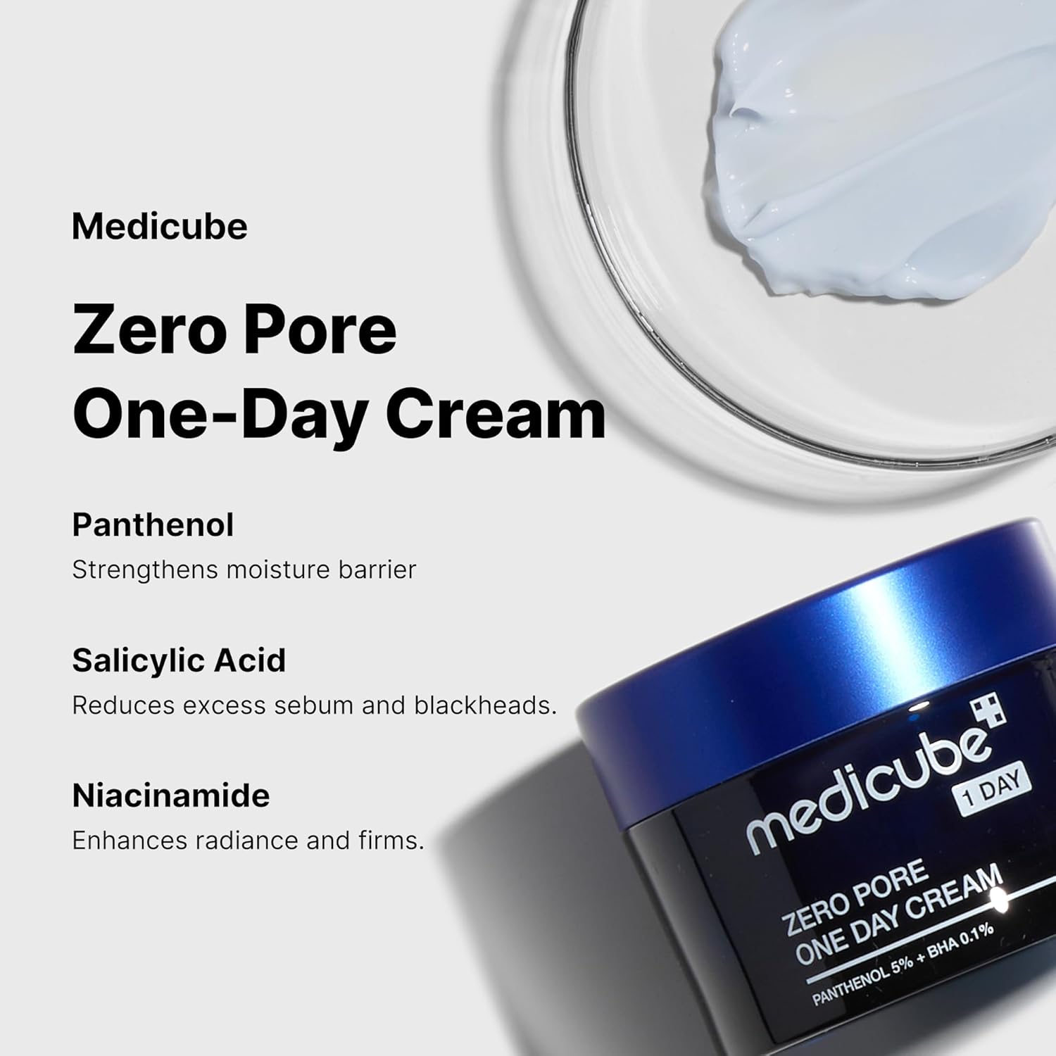 Medicube Zero Pore One-Day Cream jar with open lid showing cream, on a light gray background.